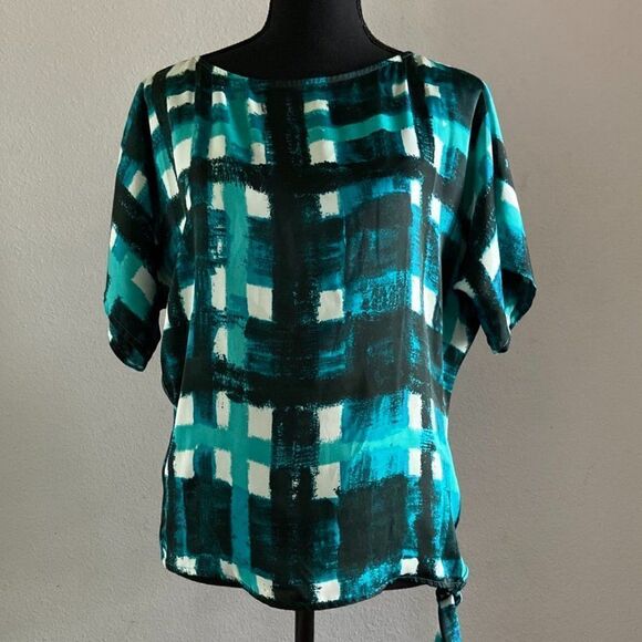 Michael Kors white/blue and green pattern short sleeve blouse size XS - Picture 5 of 9